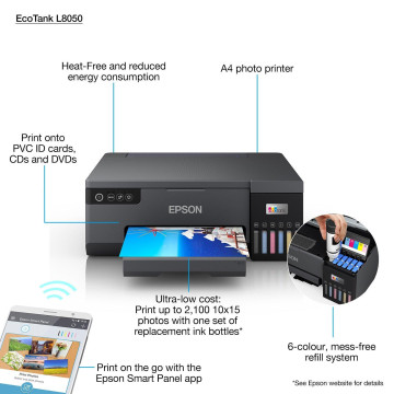 Imprimante Photo Epson L8050 – A4, 6 Couleurs, Wi-Fi, Impression Sans Bordure, Ultra Haute Qualité