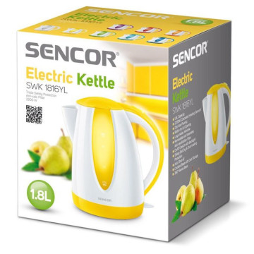 Bouilloire électrique Sencor SWK 1816YL – 1,8 L, 2000W, design jaune vif, arrêt automatique, socle 360°, filtre anti-calcaire