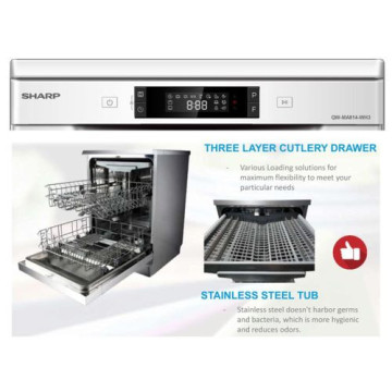 Lave-vaisselle Sharp MA814WH2 – 14 Couverts, Éco, Silencieux, Moteur Inverter, Affichage LED