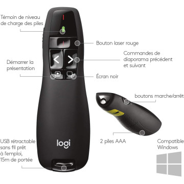 Pointeur Laser Logitech R400 – Présentateur Sans Fil Professionnel | 15 m de Portée