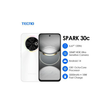 Tecno Spark 30C – 6.67", 128 Go de ROM, 4 Go de RAM, Caméra 50 MP, 5000 mAh, Dual SIM